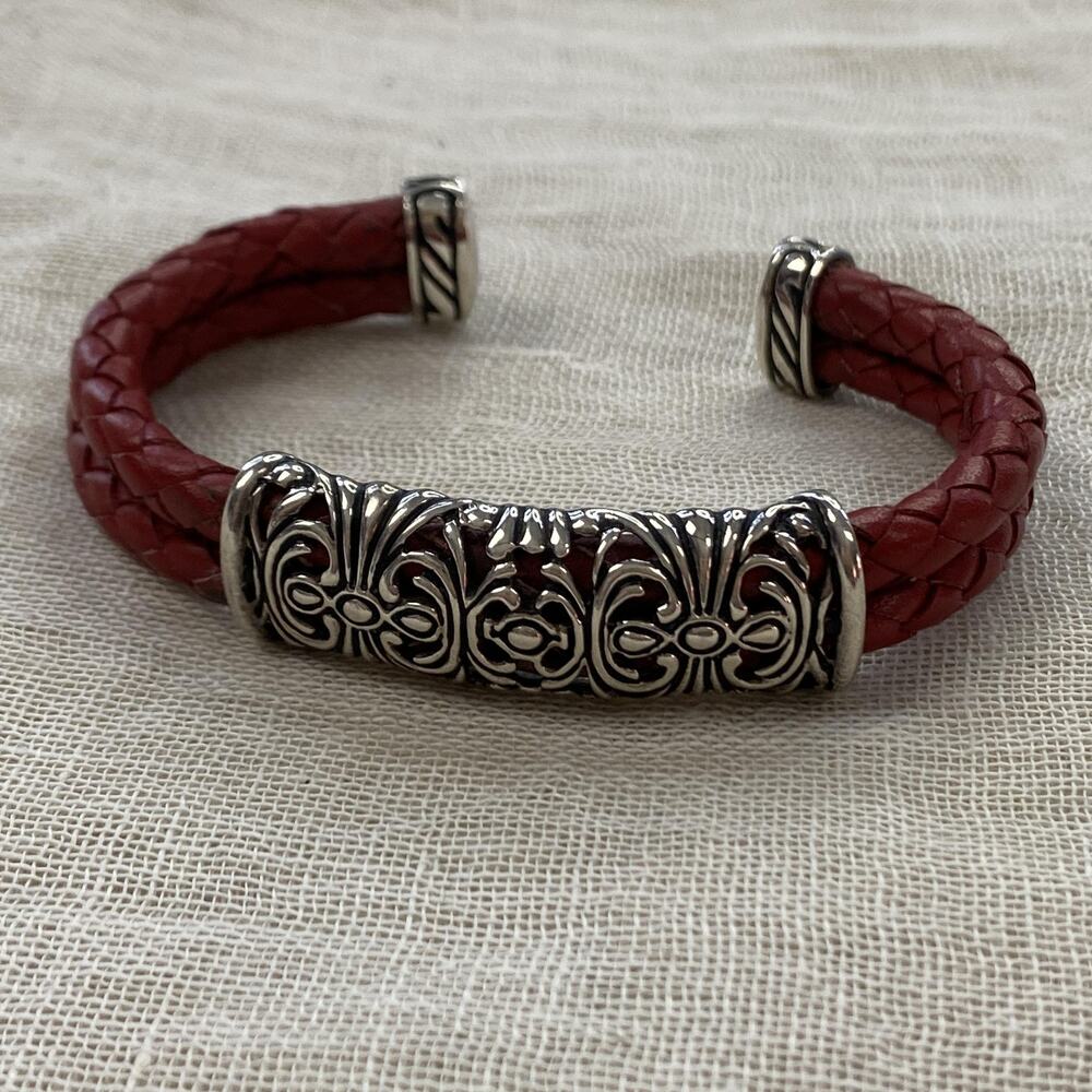 Vintage ESPO 925 Sterling Silver Red Leather Cuff Bracelet 7 In Braided Western